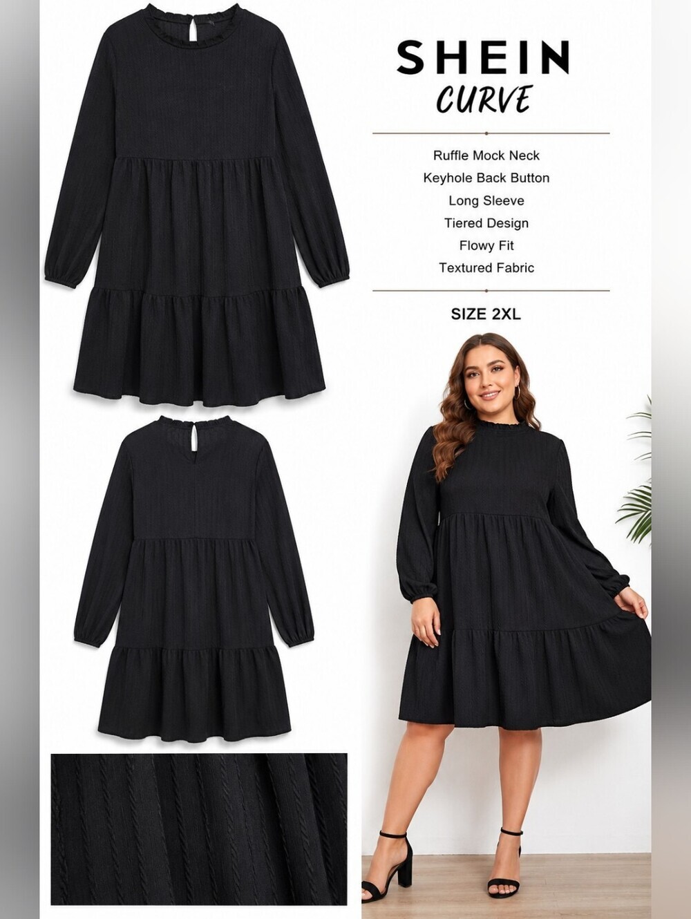 SHEIN Curve Women's 2XL Black Textured Tiered Babydoll Midi Dress Long Sleeve Bo